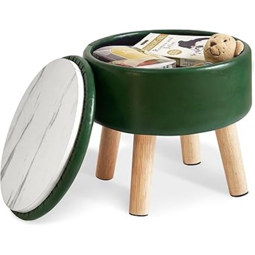 IBUYKE 13 Inch Foot Stool Ottoman with Storage, Round Small Foot Rest with Padded Seat and Wood Legs, PU Faux Leather Mini Footstool for Living Room Couch Bedroom Entryway, Dark-Green WBD023GR