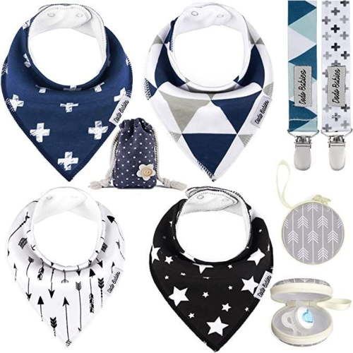 Dodo Babies Baby Bandana Drool Bib Set - 4pc Infant Bibs with 2 Pacifier Clips, Binky Case, Gift-Ready Bag - Soft Absorbent Cotton with Polyester Back - Adjustable Buttons to Fit 3-24 -Month Old Boys