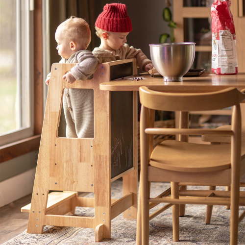 HARPPA Wooden Montessori Children's Kitchen Stool Helper, Adjustable Height, Safety Rail, Anti-Slip, Learning Chalkboard