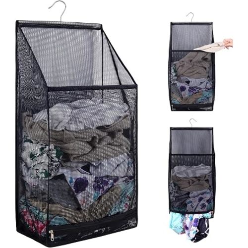Hanging Collapsible Breathable Mesh laundry bags,Fast Drying Portable Space Saving Laundry Hamper for dorm,Rv Laundry Hamper Storage (Black)