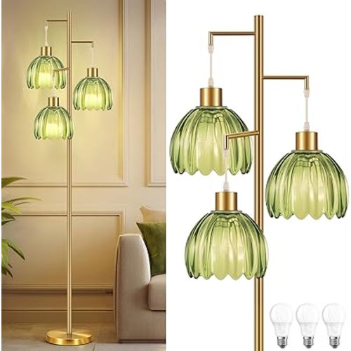 COTTHOS Gold Floor Lamp for Living Room, Modern Standing Lamp Brass Glass Green Tree 3 Light Tall Floor Lamps for Bedroom & 800 Lumens LED Bulbs, Vintage Flower Lamp Shade Farmhouse Boho Bohemian