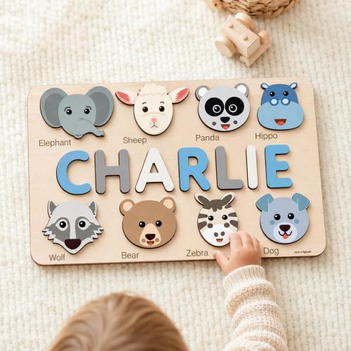 Custom Name Puzzle with Animals, Personalized Baby Gift, First Birthday Gift, Christmas Present, 0-3 Years Personalized Toy