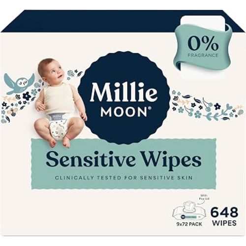 Millie Moon Sensitive Baby Wipes, Unscented, 1080 Count (15 Packs of 72) - Plant-Based, Hypoallergenic, Fragrance-Free Diaper Wipes for Sensitive Skin, Bulk Pack