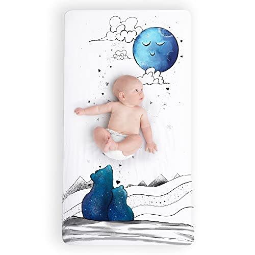 JumpOff Jo - Fitted Crib Sheet, Super Soft 100% Cotton Sheet for Standard Crib Mattresses and Toddler Beds, 28 in. x 52 in, Storytelling Designs - Mama Bear Blue