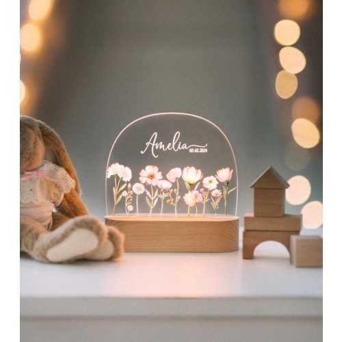 Custom Floral Night Light for Baby Girl Nursery Decor - Personalized Name Lamp