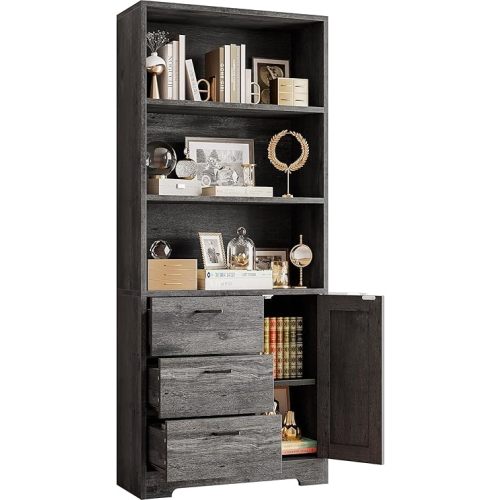 IRONCK Bookshelf with Door and 3 Drawers, 71in Tall Bookcase Shelf with 3-Tier Shelves, for Bedroom Living Room Entrance Hallway Home Office