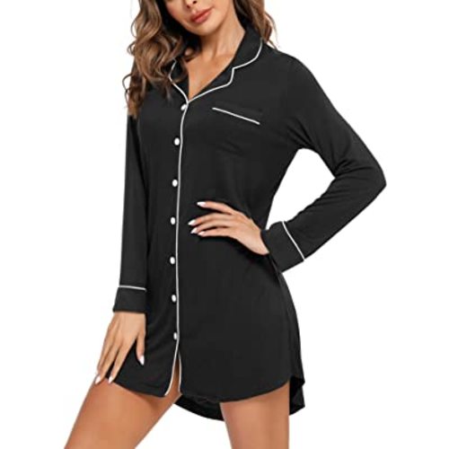 Samring Pajama Nightgown for Women Short/Long Sleeve Button Down Nightwear Top Boyfriend Sleep Shirts Nightdress S-XXL