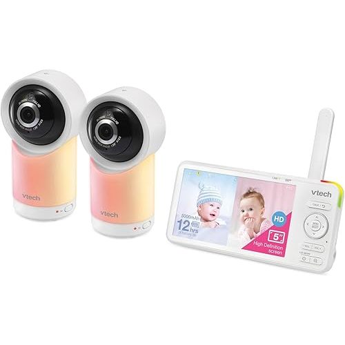 VTech RM5766-2HD RM57662HD Smart Wi-Fi 1080p 2-Camera 360°-Pan-and-Tilt Video Baby Monitor System with 5-in. Display, Night-Light, and Remote Access, White