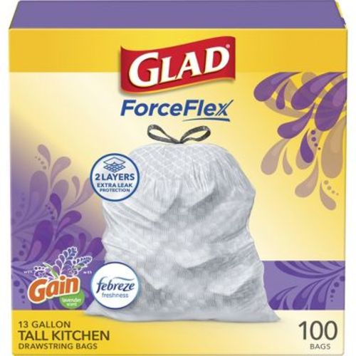 Glad ForceFlex Tall Kitchen Drawstring Trash Bags - Febreze Mediterranean Lavender - 13gal/100ct: Plastic, Extra Strength