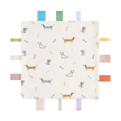 Baby Tags Security Blanket, Sensory Soothing With Tags, Dotted Backing Taggies for 3-12 Months Boys and Girls (Dogs)