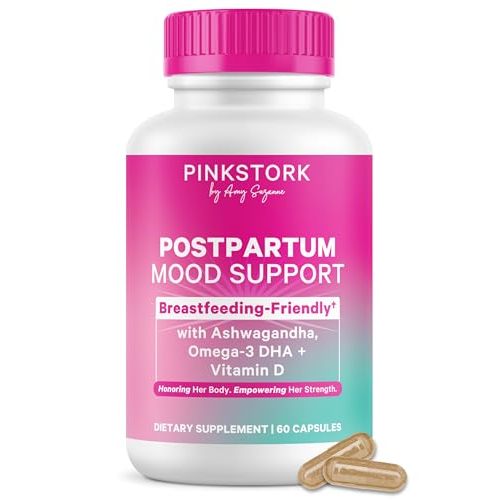 Pink Stork Postpartum Mood Support - Postnatal Hormone Balance for Women - Breastfeeding Friendly - Stress & Cognitive Support, New Mom Essentials - Ashwagandha, Chamomile, & Vitamin D, 60 Capsules