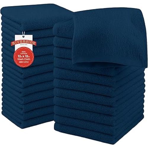 RIVERSIDE 24 Pack Washcloths Set - 100% Cotton [12x12 Inches] - Soft, Quick-Dry & Highly Absorbent Face Towels - Perfect for Bathroom, Gym, Hotel, Spa & Travel - Opal Blue