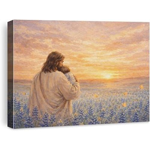 Christian Wall Art Framed Canvas Print, Jesus Christ Holding Baby Flower Field Poster, Religious Nursery Baby Room Decor for Home Church Gift 8x10 Inches