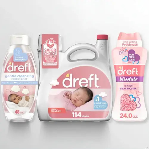 Dreft Newborn Baby Laundry Starter Kit: Newborn Laundry Detergent, Laundry Scent Booster Beads, and Gentle Cleansing Fabric Rinse, Hypoallergenic, Dermatologist Tested on Sensitive Skin
