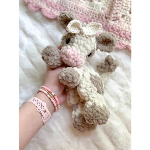 Crochet Baby Cow Lovey, Cottagecore Amigurumi Plush Snuggler, Handmade Highland Cow Toy