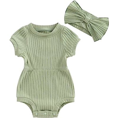 Baby Girl Summer Clothes Ribbed Short Sleeve Romper Solid Color Bodysuits Bow Headband Outfit Newborn Girl Jumpsuit