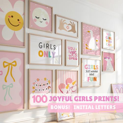 Girls Nursery Prints Set: Colorful Kids Room Wall Art (Digital Download) and Initial letters