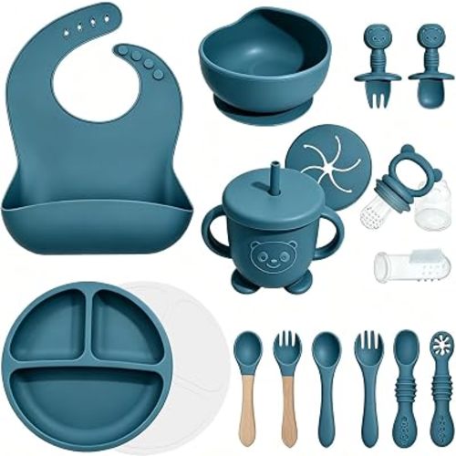 Silicone Baby Feeding Set 17 Pcs, Baby Led Weaning Supplies with Suction Plates & Bowls, Bib, Baby Utensils Spoons Forks, Sippy Cup, Fruit Feeder, Finger Brush, BPA-Free Eating Essentials (Blue)
