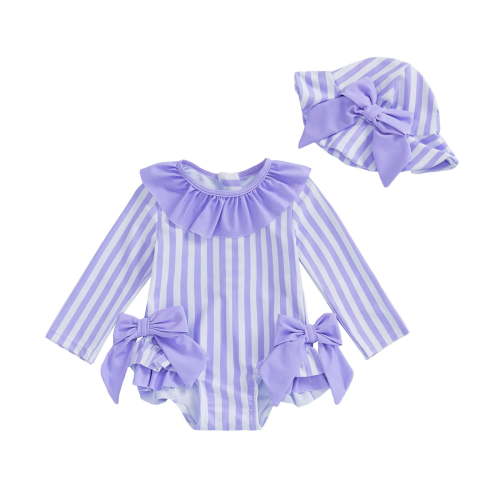 SonxaHe Newborn Girls Swimsuit Upf 50 Sun Ruffles Long Sleeve Striped Rash Guard Hat Baby Summer Beach Pool Bathing Suit Purple,Size 3-6 M