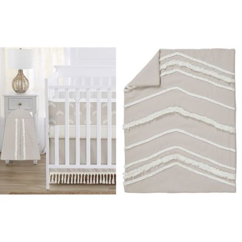 Sweet Jojo Designs Gender Neutral Unisex Crib Bedding + BreathableBaby Breathable Mesh Liner Baby Nursery Boho Fringe Linen Taupe and Ivory 6pc