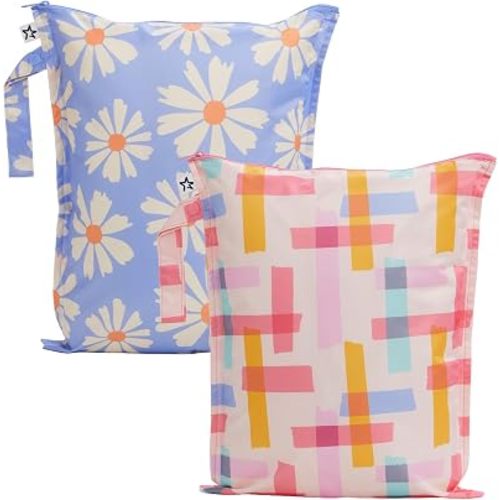 Tiny Twinkle Mess Proof Wet Bags | 2-Pack Reusable Waterproof Wet Bags for Swimsuits | Baby Clothes | Travel & Diaper Bag (Daisies,Playful)