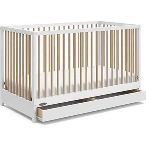 Graco Teddi 5-in-1 Convertible Crib with Drawer (White with Driftwood) – GREENGUARD Gold Certified, Crib with Drawer Combo, Full-Size Nursery Storage Drawer, Converts to Toddler Bed