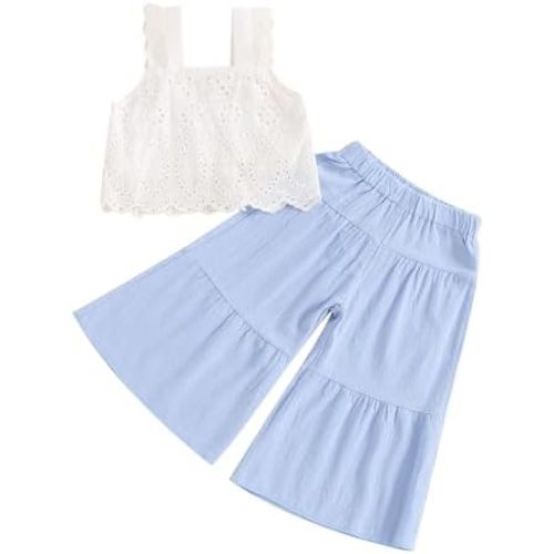 VISGOGO Kids Baby Girls Summer Outfit Solid Color Sleeveless Lace Toddler Tank Tops Bell-bottom Wide Leg Pants Set