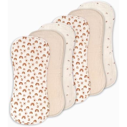 Muslin Burp Cloths Neutral Set, 6 Pack 20"x9" 100% Cotton Burp Cloths Baby Boy and Girl, Large Absorbent Burping Cloth for Babies, Soft Muslin Baby Washcloths, Nursery Gift Set Neutral Rainbow Design