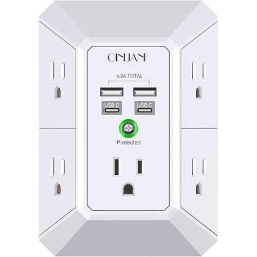 USB Wall Charger, Surge Protector, QINLIANF 5 Outlet Extender with 4 USB Charging Ports (4.8A Total) 3-Sided 1680J Power Strip Multi Plug Outlets Wall Adapter Spaced for Home Travel Office(2U2C),White