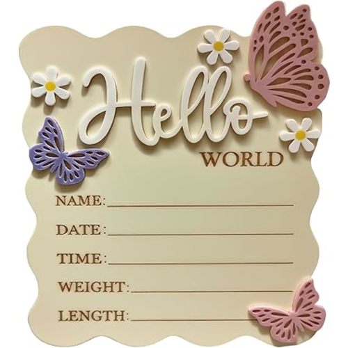 Wooden Birth Announcement Sign - Butterfly Daisy Hello World Newborn Sign, Baby Name Birth Stats Board, Floral Nursery Decor Photo Prop, Hospital Welcome Sign (white)