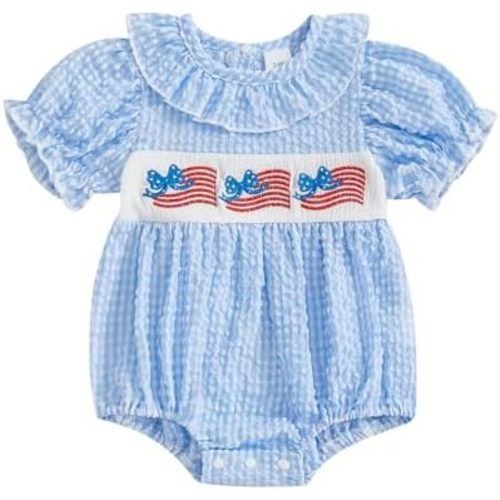 Baby Girl Easter Outfit Bunny Embroidery Bubble Romper Ruffle Short Sleeve Plaid Bodysuit Smocked Baby Clothes