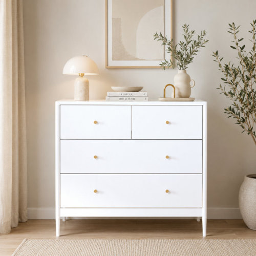 Ebern Designs White 4-Drawer Kids Dresser, 35.4" Wide Wooden Storage Cabinet with Anti-Tip Kit for Nursery, Toddler Bedroom, Closet, or Living Room | Wayfair