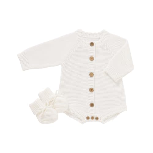 LAWKUL Cotton Baby Sweater and Booties Set | Newborn Shoes, Knit Romper, Long Sleeve Onesie, Unisex Boy Girl Clothes, Soft Crochet
