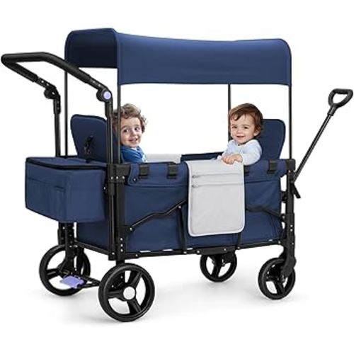 Stroller Wagon for 2 Kids with Canopy, Foldable All-Terrain Wagon Stroller with Adjustable Push/Pull Handle, Parent Organizer, 5-Point Harness (Dark Blue)