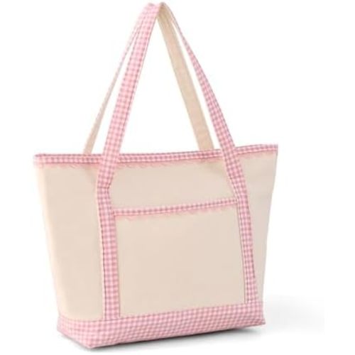 Tote Bag for Women,Canvas Gingham Handbag with Zipper and Pockets,Shoulder Bag for Work Travel Beach