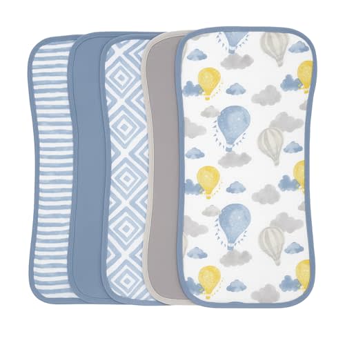 Featherhead™ 5-Pack Muslin Burp Cloths for Baby Boy Large 22" X 11" - Ultra Soft & Extra Absorbent Cotton Terry Backing (Blue Balloons)