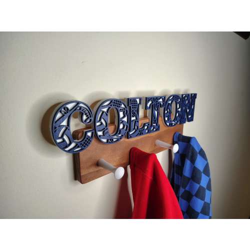 Personalized Sports Coat Rack: 3D Layered Name, Wall Hanger