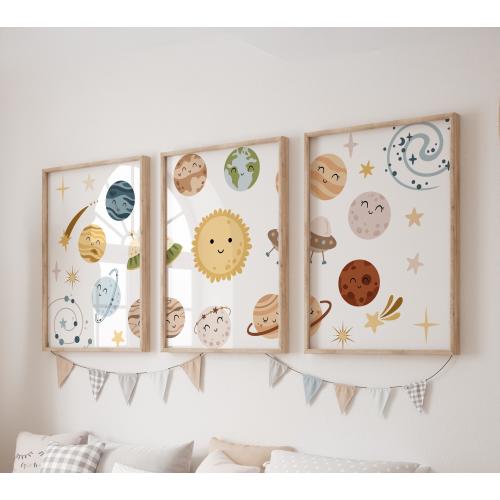 Set of 3 Planet Prints, Space Wall Art Set, Sun Posters, Modern Art, Astronaut Kids Bedroom Decor, Boy Nursery Decor, Playroom Prints