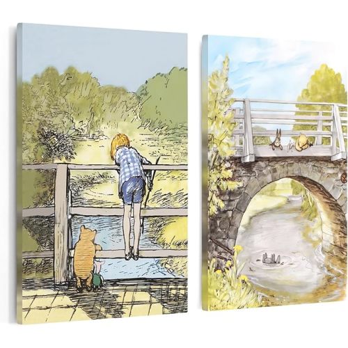 Poster Master 2-Piece Vintage Winnie Pooh and Friends Canvas - Winnie Pooh on Stone Bridge Print - Story Book Art - Aesthetic Kid's Room or Nursery Decor - Available in 8x10 to 30x40
