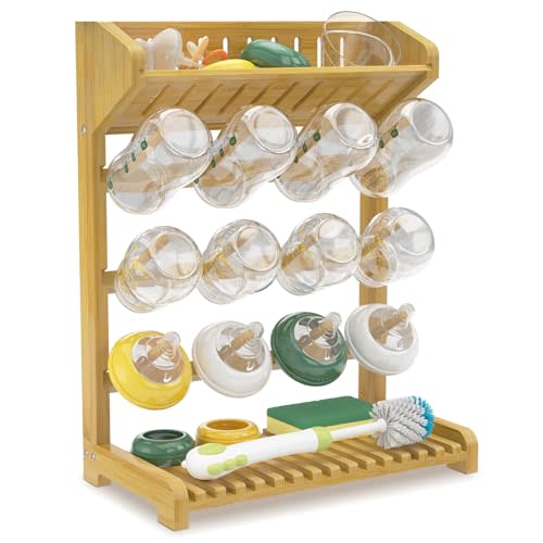 EsLuker.ly Baby Bottle Drying Rack Bamboo Vertical Dryer Holder | Space Saving for 12 Milk Glass Bottle Countertop, Wooden Drain Stand Shelf for New Parents