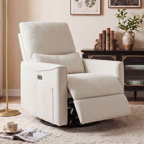 Dyonery Power Swivel Rocker Recliner, Fabric Glider Nursery Chair with USB Ports, Ivory White