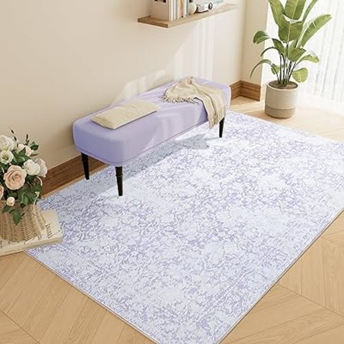 DUKINO Washable Area Rug 4x6, Boho Low-Pile Rugs for Living Room, Non Slip Rubber Backing Girls Rugs, Soft Vintage Nursery Rug for Living Room, Bedroom, Dining Room, Dorm Room, Office, Purple