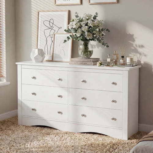 Homall 52'' Wide 6 Drawer Dresser for Bedroom, Modern Wood Chest of Drawers, Storage Organizer for Bedroom Living Room, White
