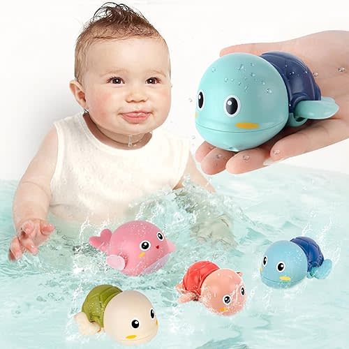 FAYOGOO Bath Toys 4 Pack Baby Swimming Wind Up Turtle Fish for Toddlers 6 12 18 Months Infant Tub Toys Game 1-3 Kids Boy Pool Bathtub with Storage Bain Bebe Jouet