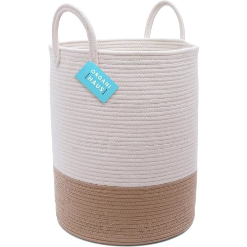 OrganiHaus Large Woven Laundry Basket w/Handles 52L, Rope Dirty Clothes Hamper, Blanket Basket for Living Room, Baby Laundry Hamper for Nursery, Soft Decorative Organizer Bin - Honey/Off-White