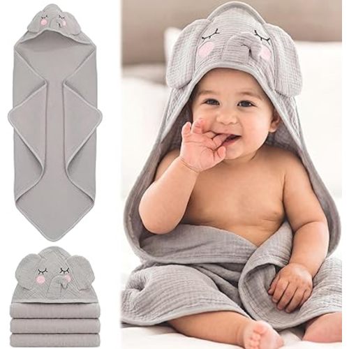 Mindsoft Muslin Hooded Baby Towel 100% Cotton Soft Absorbent Bath Towel with Cute Gray Elephant Design 32 x 32 Inch Muslin Baby Bath Essentials for Boys Babies Infant Toddler Kids