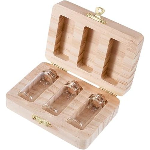 FINGERINSPIRE 1 Set Wooden Keepsake Box with 3 Glass Bottles 4.5x3.1x1.3inch BurlyWood Color Rectangle Memory Organizer Box for Umbilical Cord Fetal Hair First Tooth Storage New Parent Gift