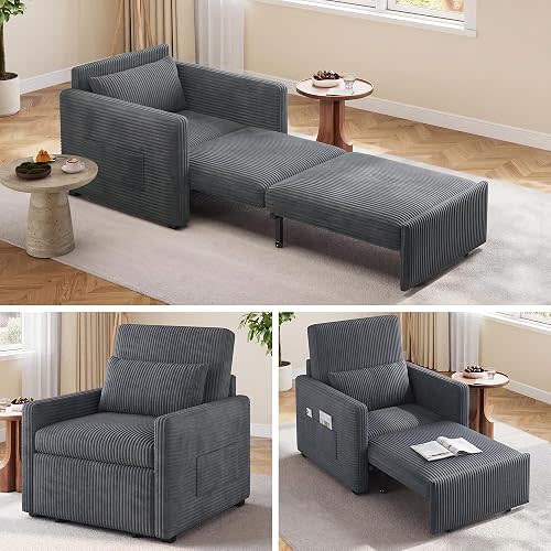 Ahomly 3 in 1 Pull Out Sleeper Chair, 75.2” Corduroy Single Sofa, Dark Gray