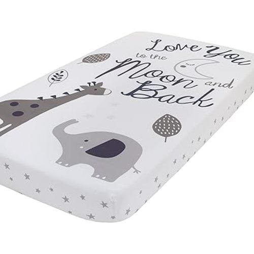NoJo Love You to The Moon - 100% Cotton Grey and White Elephant and Giraffe Nursery Photo Op Fitted Crib Sheet Love You to The Moon and Back