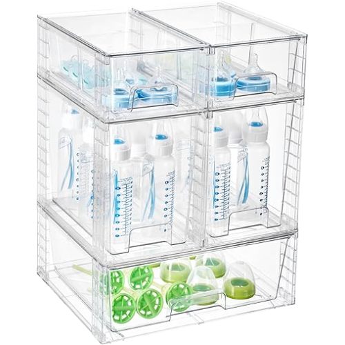 Vtopmart 6 Pack Clear Stackable Storage Drawers,Easy to Assemble Baby Bottle with handles,Plastic Drawers for Kitchen Pantry,Cabinet,Under Sink Organization